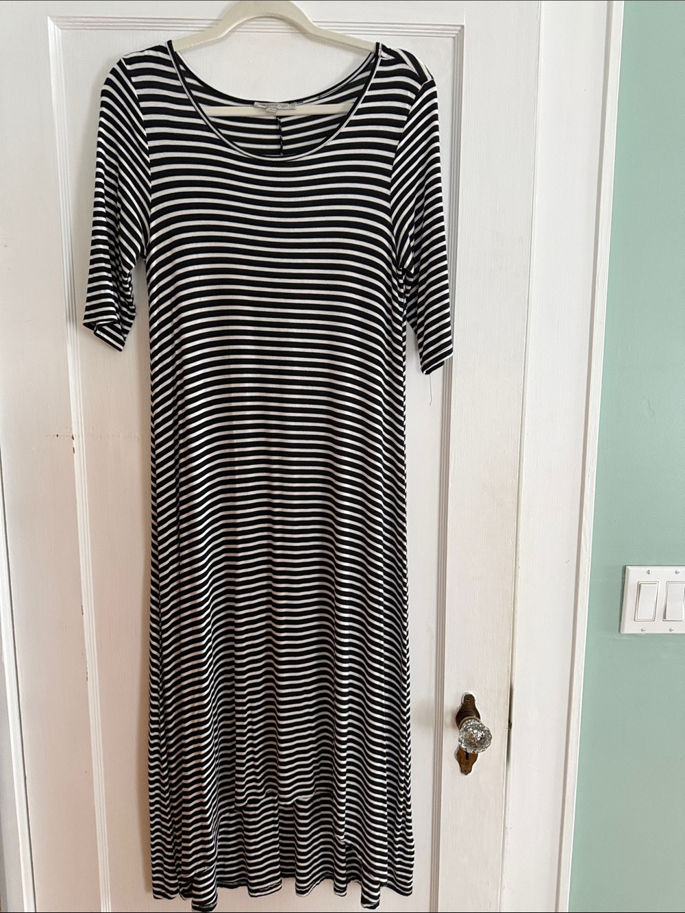 DownEast Black & White Striped HiLo Maxi Dress